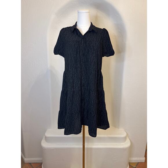 Monteau LA Black Tiered Mini Dress Black and White Polka Dot Short Sleeve Small - Picture 1 of 5